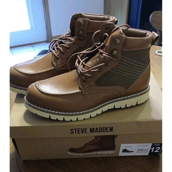 Steve Madden Mens Ankle Boots Cognac Brown Leather Lace Up Size 12 - Picture 1 of 4